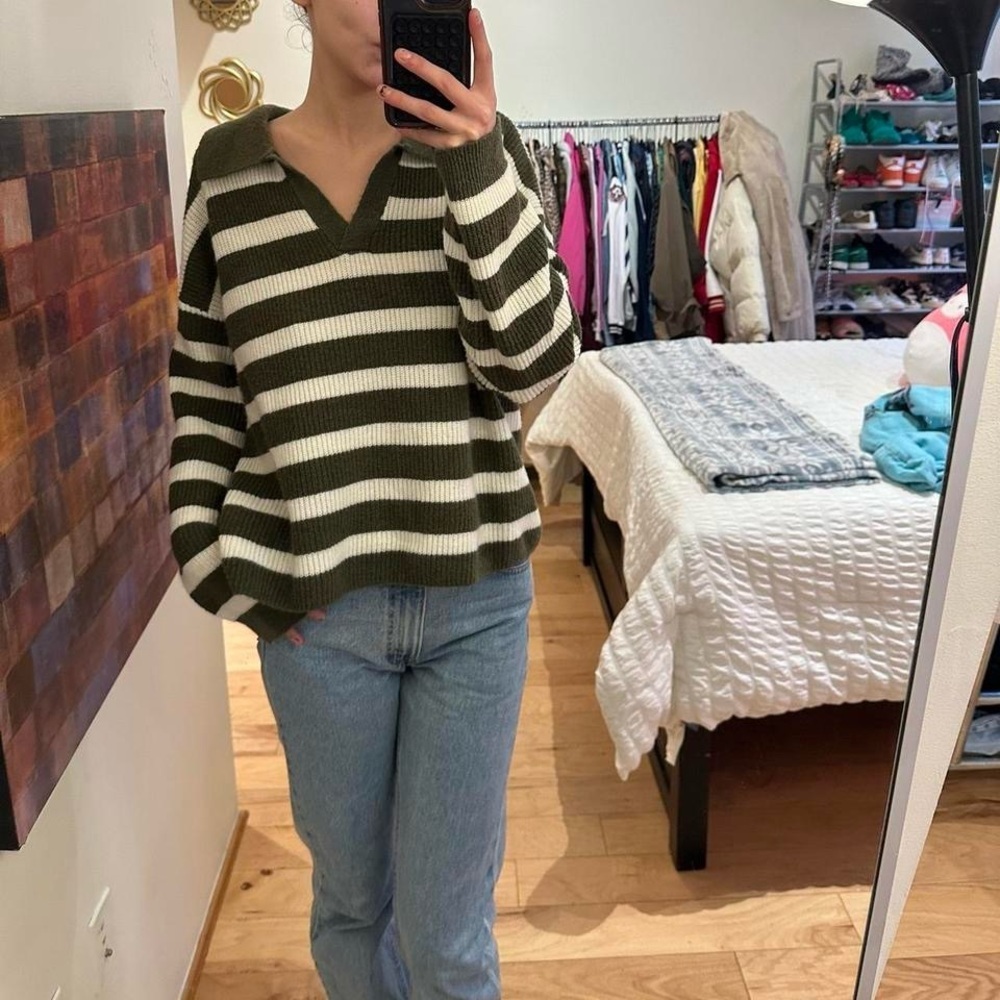 Olive and White Striped V-Neck Sweater